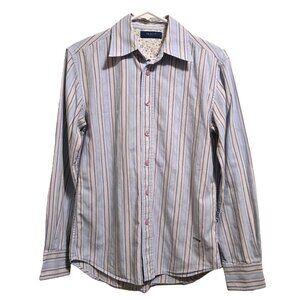 CHICK’Ss Blue Multi-Stripe 100% Cotton Button Down Tailored Blouse Women's S